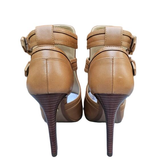 Stiletto Booties MMK Blaze Size 7 Tan Leather Gold MICHAEL KORS Buckle Heel Open - Picture 5 of 13